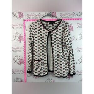 Ellen Tracy Cardigan Jacket Cream with Black Trim and Pink Bow Accents